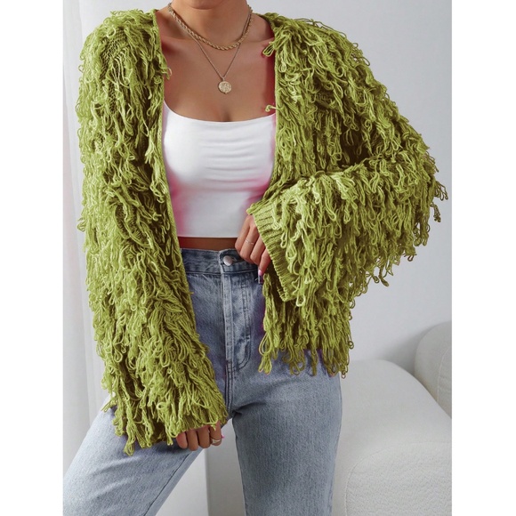 Green Fuzzy Open Knit Cardigan - Picture 6 of 8